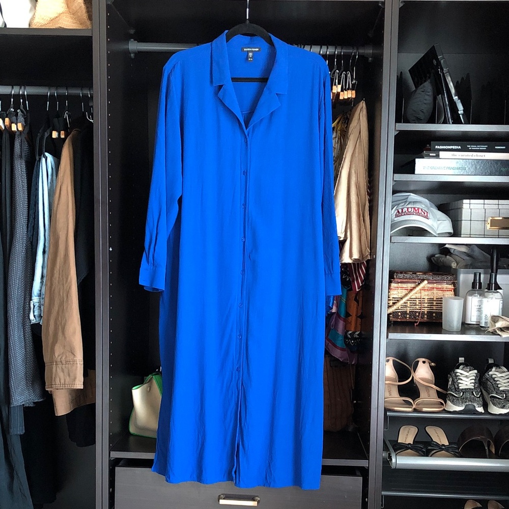 Eileen Fisher Silk Georgette Crepe Notch Collar Shirtdress- Lapis
